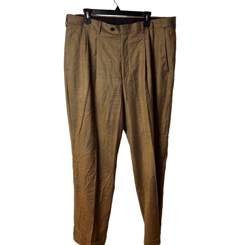 Paul Fredrick Brown Check Pleated Stretch Wool Dress Pants Size 40